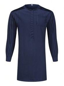 2024 New Men's Summer Solid Color 2-Piece Set, Long Sleeve Round Neck Striped Business Shirt And Casual Pants Suit - Royal Blue - View 4