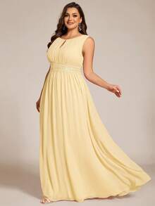 Plus Size Elegant Sleeveless Round Neck Sequin High Waist Yellow Bridesmaid Dress, Suitable For Parties, Formal Occasions, Spring/Summer Long Dress Party Wedding - Yellow - View 3