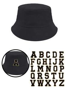 1 pieza Sombrero de cubo tricolor para niños + 26 piezas de parches bordados autoadhesivos, sombrero de sol de algodón transpirable, gorra ajustable para exteriores, decoración de letras DIY, sombrero de moda casual, adecuado para primavera/verano unisex para niños - Negro (letras) - Ver 143