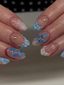 24片短款椭圆形3D凝胶美甲贴纸，可打造珍珠花朵美甲、法式美甲等造型，采用短款亚克力材质，完美贴合假指甲。套装包含：1瓶果冻凝胶和1把指甲锉。夏季美甲，让您的指尖闪耀动人，适合女性日常工作和派对场合。 - 彩色 - 查看 2