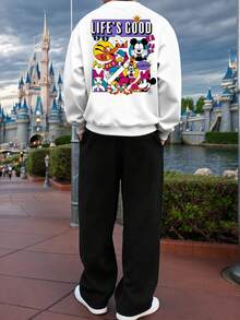 2pcs/Set Men's Streetwear Mickey Mouse Print Hoodie And Flare Pants Outfit, Boyfriend/Husband Gift, Anniversary Gift, Disney Sweatshirt - 黑與白 - 查看 2