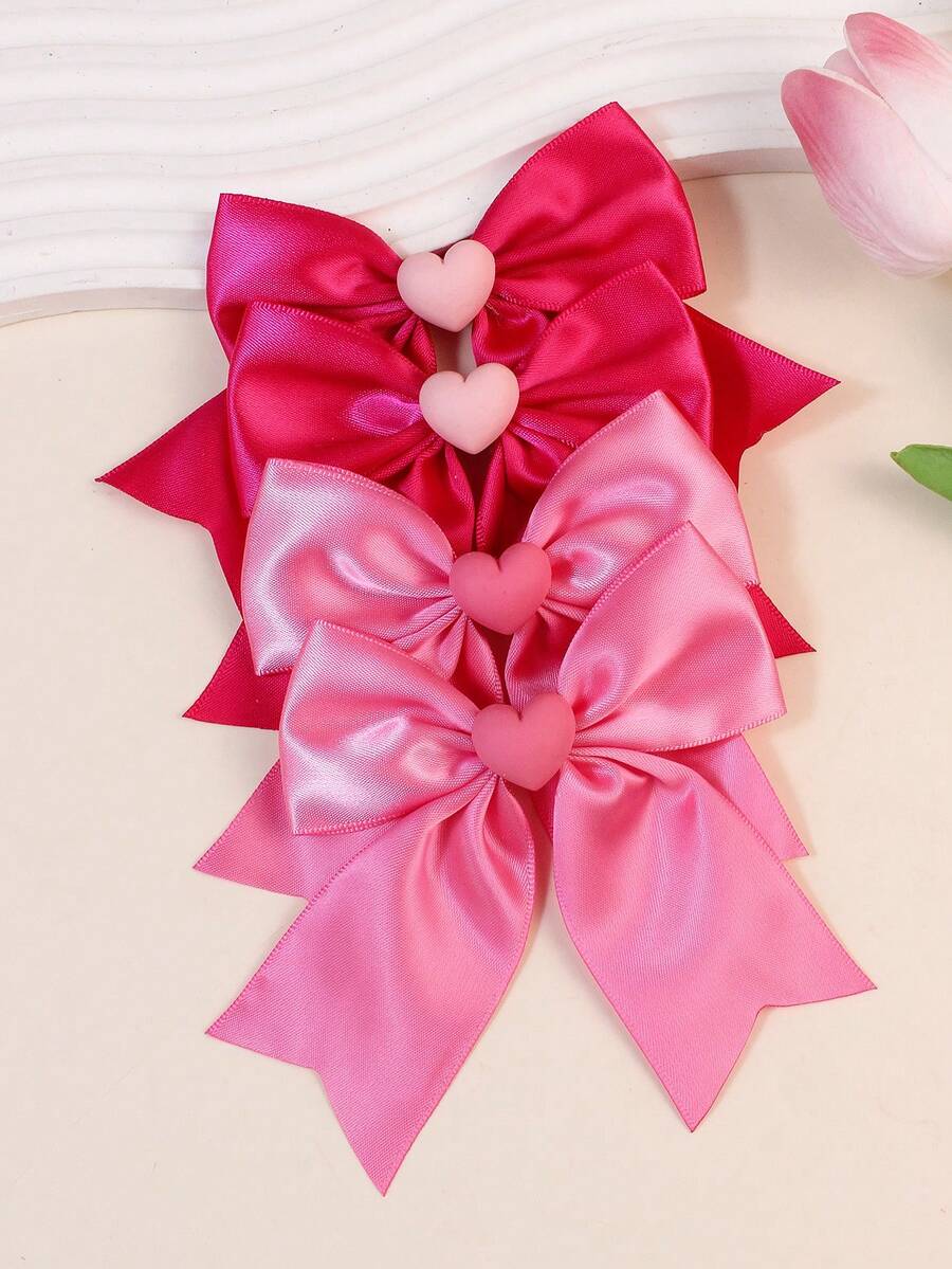 2pcs Girls' Valentine's Day New Fabric Handmade Polyester Heart & Bow Rhinestone Hair Clips - Multicolor - View 1