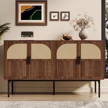 Sideboard 140 x 40 x 80 cm aus MDF mit Rattan und Walnuss Optik, Kommode mit vier Türen und Metallbeinen, Stauraummöbel für Wohnzimmer Esszimmer Flur im Retro Stil - Braun - Übersicht 3