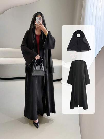 Abayas For Women,Solid Color Two Pieces Set Abayas For Women,Crystal-Embellished Trim Abaya & Hijab For Women - Middle Eastern Luxury Sleek Style, Draped Fabric, Ideal For High-End Indoor Business Dinners,Elegant Party Dresses For Women