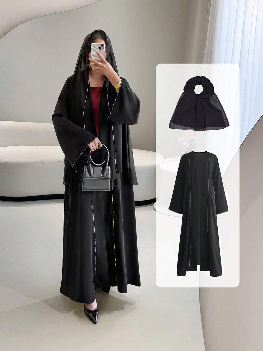 Abayas For Women,Solid Color Two Pieces Set Abayas For Women,Crystal-Embellished Trim Abaya & Hijab For Women - Middle Eastern Luxury Sleek Style, Draped Fabric, Ideal For High-End Indoor Business Dinners,Elegant Party Dresses For Women Black
