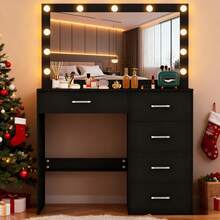 Dressing Table With LED Mirror, Solid Wood Vanity Desk - Modern Rustic Style, Wooden Build, Touch-Control Dimmable LED Lights, Ample Organizer With Multi-Compartment Design For Cosmetics, Skincare & Accessories | Perfect For Bedroom, Dressing Room, Rental Unit | Minimalist Rustic Aesthetic, Chic Home Decor, Top Gift For Women, Bridal Shower Present, Birthday Gift - Black - View 2