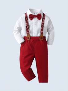 BOARNSEORL 2pcs Baby Boys Gentleman Outfit Set, Long Sleeve Shirt With Bow Tie And Overalls, Fashionablntic For Birthday Party, Wedding, New Year, 1st Birthday, Christmas - Red - View 2