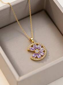 1pc Geometric Circular Petal Pendant Necklace, Stylish & Fashionable Women's Jewelry, Recommended For Party & Gathering Occasions - Yellow Gold - View 1