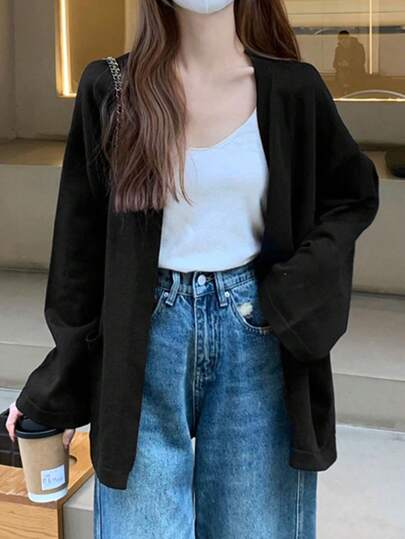 休闲百搭宽松开衫，长袖，纯色，女士外套（不含内搭）