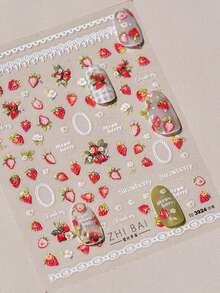 1片红色多汁草莓压纹蕾丝花边盛开花朵美甲贴纸 5D美甲植物浪漫迷人自粘美甲贴，适合女士精致DIY美甲装饰贴，美甲用品 - 彩色 - 查看 5