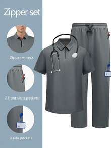 cimmuovere Men's V-Neck Short Sleeve Multi-Pocket Top And Solid Scrubs Pants, Medical Uniform