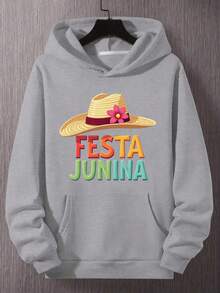 Herren Plus Size Festa Junina Hoodie - Blumen- und geometrisches Musterdesign, lässige, lockere Passform, mit Kordelzug, schwarz, mit farbenfrohem Text und Hut-Motiven, für Sommerfeiern, Festival-Hoodie. |   Hoodie mit Blumenmuster |   Bequemer Hoodie mit guter Passform - Schwarz - Übersicht 3