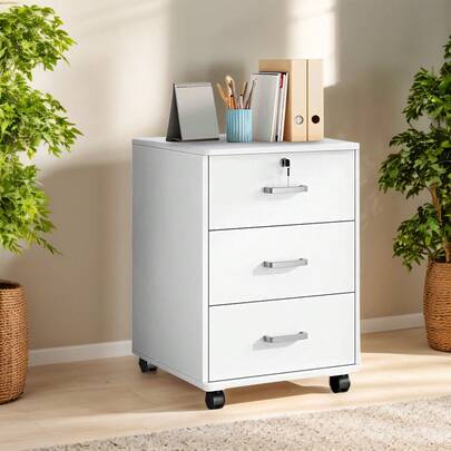 Archivador con ruedas de MDF blanco, 3 cajones, con cerradura, para oficina en casa