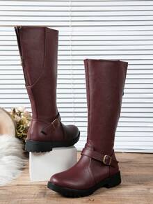 Minimalist Fashion Women's Long Boots, Anti-Slip Comfortable Versatile Square Buckle Decor British Style Plus Size Riding Boots - Burgundy - View 8
