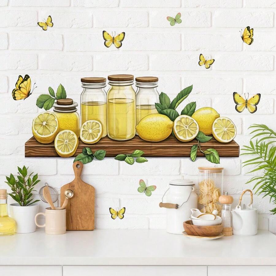 1pc Kitchen Wall Sticker - Lemon Jar And Butterfly On Shelves, Self-Adhesive Decor For Kitchen And Dining Room; Farmhouse Style Shelves Wall Decal - Decorative Lemon Jar And Butterfly, Removable Wall Mural For Living Room; Hand-Painted Lemon Jar Wall Sticker - Whimsical Butterfly And Shelves Design, Self-Adhesive Art For Sunny Kitchen Corner - Multicolor - View 1