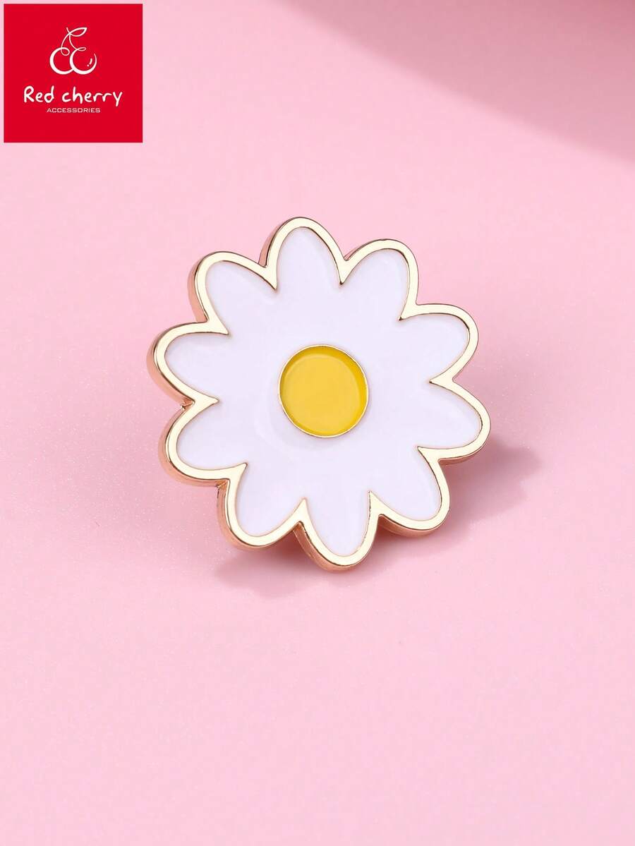 1pc Girls Sunflower Zinc Alloy White Oil Drop Gold Plated Cute Badge Brooch, Suitable For Daily Hat Accessories - White - View 1