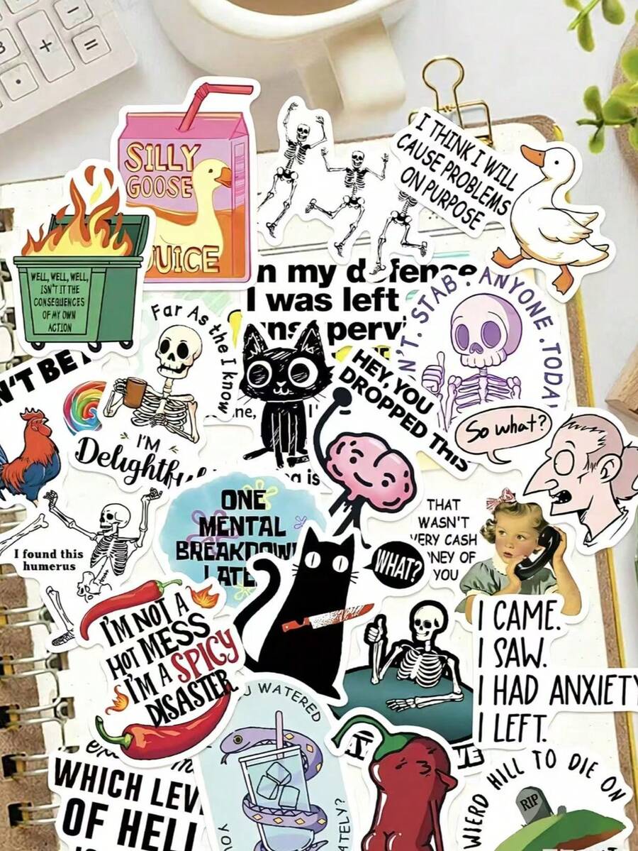 50pcs Funny Expression Stickers, Adorable Cartoon Creative Decorative Stickers, Suitable For Decorating Notebooks, Phone Cases, Skateboards, Guitars, Party Supplies, Luggage, Boxes, Helmets, Envelopes, Etc. DIY Decorative Stickers, Also Can Be Used As Christmas, Halloween And Birthday Gifts. - Multicolor - View 1