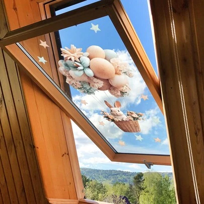 Easter Bunny Hot Air Balloon Window Cling - 1 Sheet 7.87 X 11.81 Inch Double-Sided Static Cling Glass Sticker, Star Pattern, Reusable PVC Material, Suitable For Home, Store And Spring Holiday Window Decoration