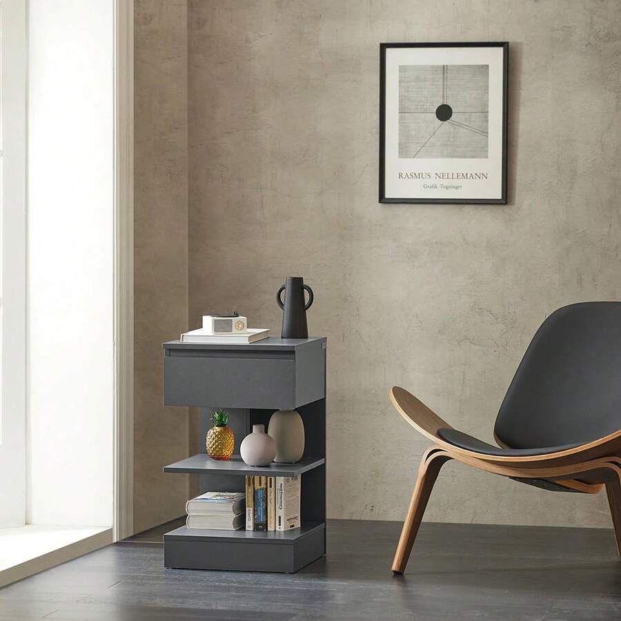 SoBuy 兩個套窄款床頭櫃，帶一個抽屜和兩個擱板，現代風格，臥室儲物櫃，床頭櫃尺寸：寬39厘米 x 深39厘米 x 高65厘米，灰色，型號：FBT49-HGx2 - 淺灰色 - 查看 1