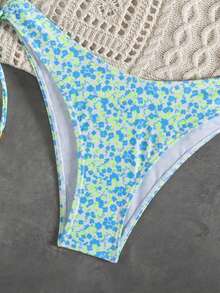 wohenmeili 女士夏季沙滩碎花吊带性感比基尼泳装套装 - 白底藍綠花 - 查看 6