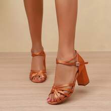 1 Pair Solid Color Party, Sports, Sexy Nightclub Style Fabric Rhinestone Criss-Cross Strap Buckle Decorated Elegant Rhinestone Buckle Women's Brown Indoor High Heel Latin Dance Shoes, Suitable For Party, Gym, Vacation, Spring/Summer