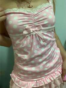 Women's Y2k Fairy Grunge Lace Trim Camisoles Tops Sleeveless Polka Dot Print Cute Tank Tops Ruffle Hem Slim Fit Shirt Going Out Tops Summer Streetwear For Teen Girls Vintage Kawaii Aesthetic Clothes 90s - Hồng - Xem 4