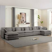 Puremind Modern 183.5'' U-Shaped Modular Sectional Sofa With 2 Ottomans,7-Seat Cloud Couch, Modern Chenille Sofa Sleeper Deep Seat Couches - 淺灰色 - 查看 11