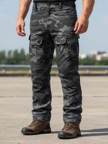 Plus Size Men's Camouflage Multi - Pocket Flap Cargo Pants, Loose Fit Tactical Work Pants For Outdoor Hiking, Hunting, Casual Wear - 灰色 - 查看 1
