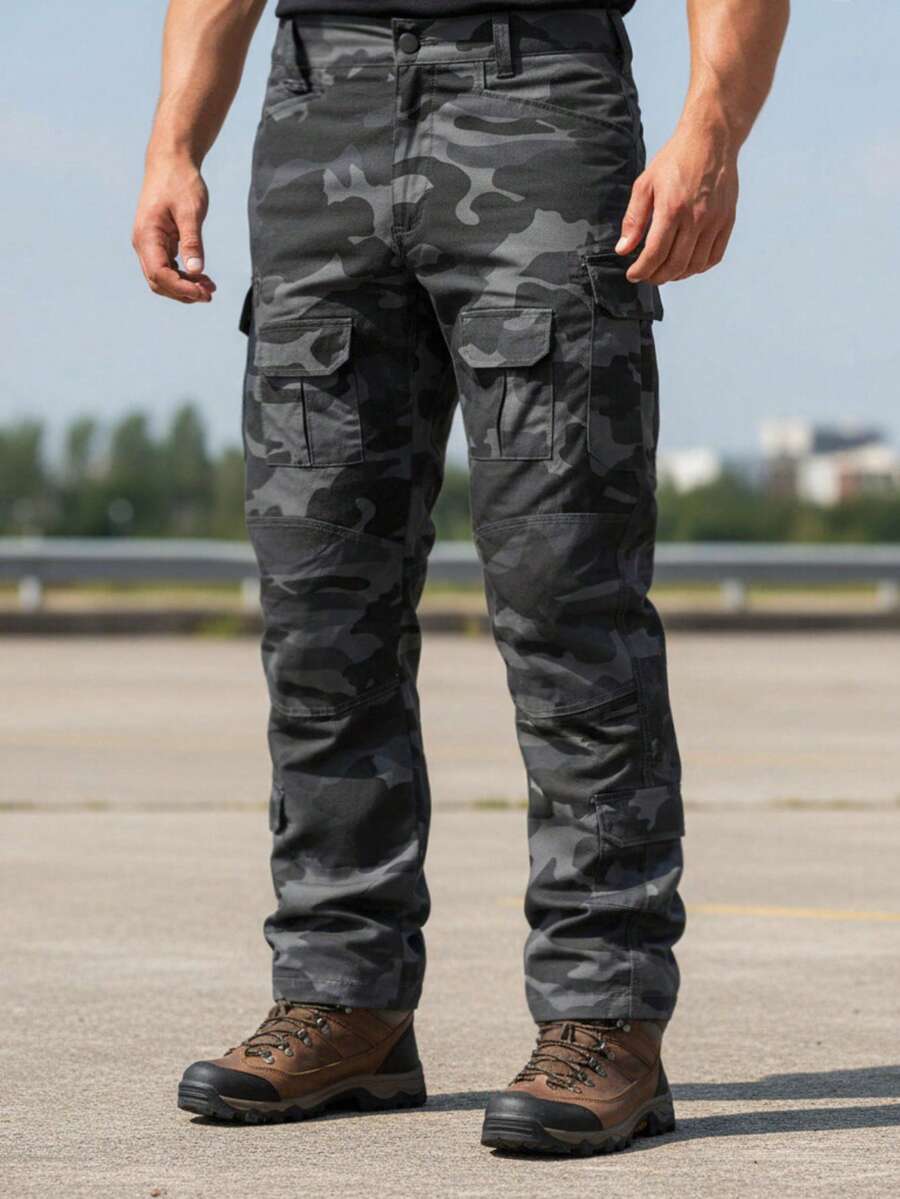 Plus Size Men's Camouflage Multi - Pocket Flap Cargo Pants, Loose Fit Tactical Work Pants For Outdoor Hiking, Hunting, Casual Wear - 灰色 - 查看 1