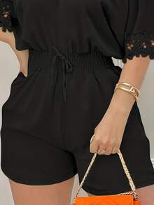 Casual Solid Color Polyester Lace Collar Jumpsuit, Suitable For Daily Wear In Summer - Black - View 4