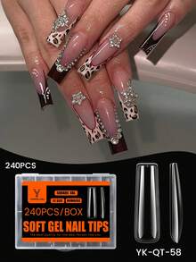 YOKEFELLOW 240PCS Nail Tips, XXL Sharp Stiletto/XXL Coffin/Long Oval/XXL Square/Long Stiletto/Long Curved Stiletto Full Cover Clear False Nails, Extra Long Soft Gel Nail Tips For Nail Extensions Home DIY Nail Salon For Women Girls & Holiday Gift