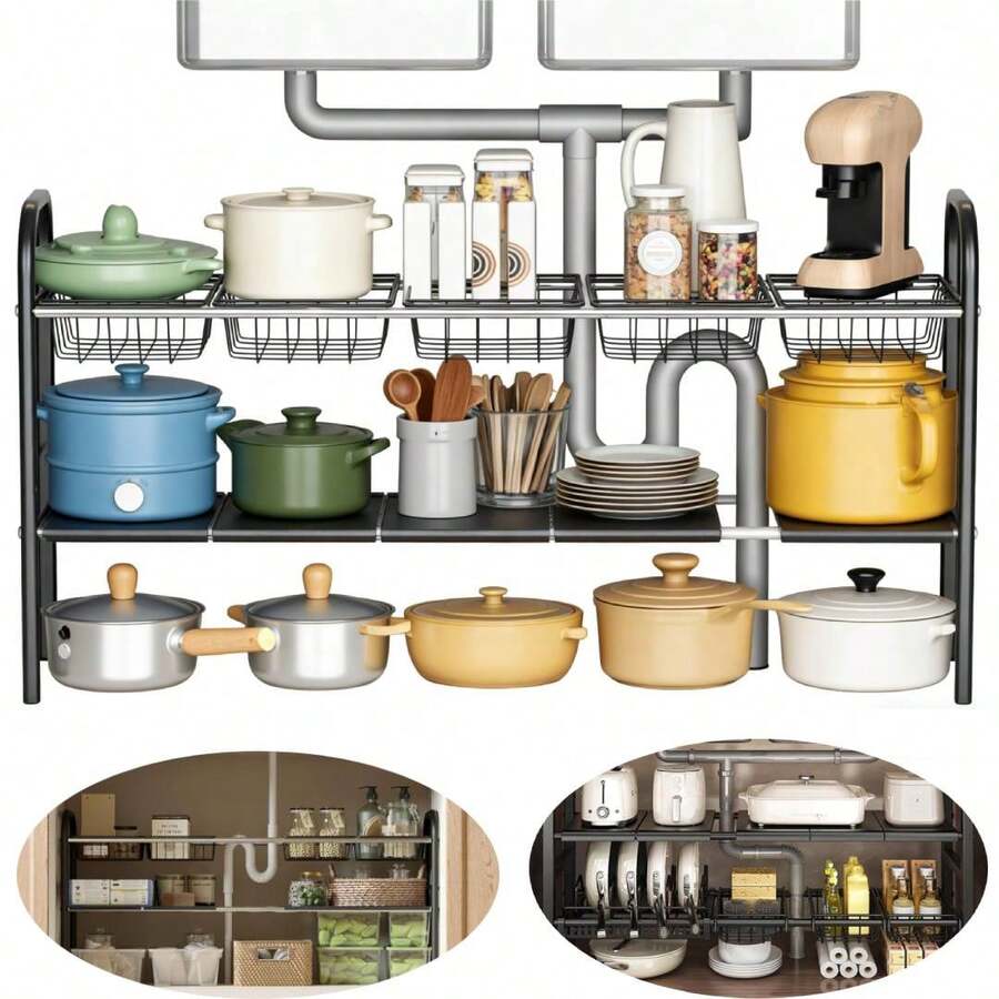 Organizador Bajo Fregadero, Organizador De Cocina Expandible De 2 Niveles, Con 5 Paneles Metálicos Extraíbles Y 5 Cestas Metálicas, Anchura 53-88 Cm Ajustable, Para Cocina, Baño, Alacena - Negro - Ver 1