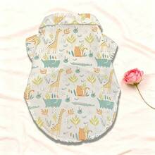 1pc Animal Pattern Pet Cat/Dog T-Shirt - Featuring Cartoon Elephant, Giraffe And Leaf Prints, Lightweight Polo Collar Button-Up Top, Suitable For Spring, Summer, Autumn Wear, Ideal For Home Or Party, Fits Small To Medium Sized Dogs - Baby Blue - View 10