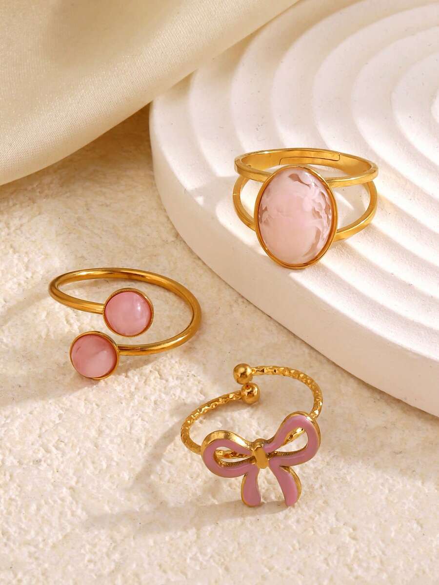 3pcs/Set Stainless Steel Fashionable Pink Geometric Oval & Round Bow Tie Ring Set, Suitable For Women Everyday Wear - Multicolor - View 1