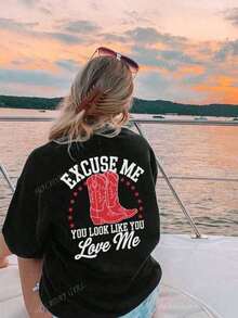 EXCUSE ME Ladies' Summer Street Red Boot Pattern Personalized Print Pattern Round Neck T-Shirt Western Style Clothing Women's Top. Graphic Tees Women Pink Top-White And Navy Off-The-Shoulder Cropped Top- Unisexideal Para Amigos - 黑色 - 查看 7