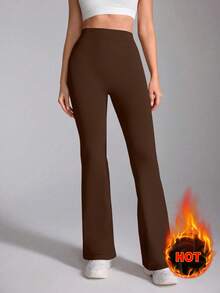 Speed mate Thermal Lined Wide Leg Pants For Women - Coffee Brown High Waist Yoga Flared Pants, Winter Warm Dance Trousers - Coffee Brown - View 3