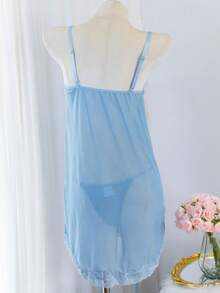 2 piezas Camisón sexy de lencería con parches de encaje transparente y lazo, color azul claro - Celeste - Ver 10