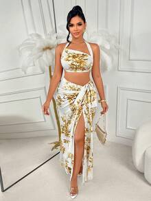 AIJ Amarilo 女士新款春夏性感沙滩度假两件套——流行印花套装，前系带上衣和开衩裙设计，非常适合海滩、度假、夏季假期、约会和日常外出。 - 白底黃花 - 查看 5