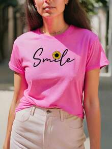 Women's T-Shirt 100% Cotton Shirt Lightweight Short Sleeve Round Neck T-Shirt Smile Print Blouse - 粉色 - 查看 5