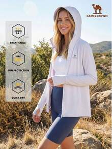 CAMEL CROWN Chaqueta con capucha de protección solar UPF 50+ para mujer, ligera y transpirable con cremallera completa y mangas largas para exteriores en verano - Luz de luna blanca - Ver 10