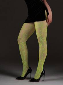 1件装加大码花卉提花渔网紧身裤，镂空修身款，性感时尚，适合派对、居家、办公、万圣节、Y2K、哥特风、返校季等场合。 - 黃色 - 查看 4