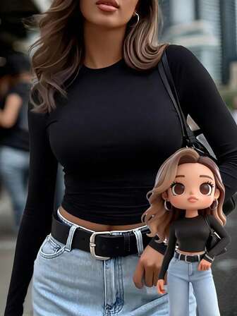 Women's Solid Color Round Neck Long Sleeve Cropped Fitted Long Sleeve T-Shirt, Suitable For Spring, Autumn And Summer