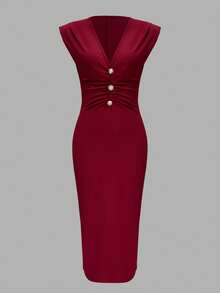 Elegant Solid Color Sleeveless Ruffle Trim Tie Waist Button Maxi Dress, Perfect For Wedding Party Summer - Red - View 4