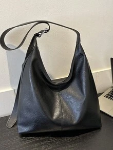 حقيبة تسوق لون أحادي جديدة لعام 2026، تصميم نمطي بسيط لحمل تحت الذراع، حقيبة كتف ذات سعة كبيرة وأنيقة - الأسود - مشاهدة 9