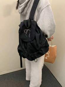 JIANSHANGGUSHI 2026新款抽绳褶皱背包，大容量休闲学生书包，男女通用，防水尼龙面料，多种颜色可选 - 黑色 - 查看 2