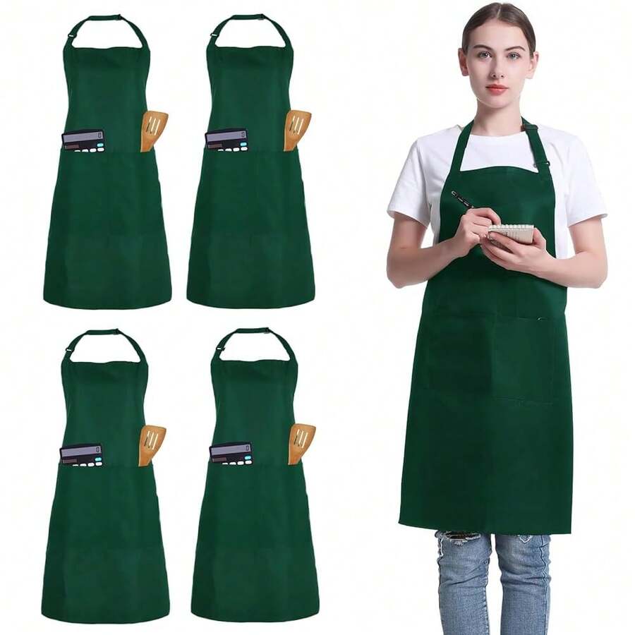 4 Pack Chef Apron, Adjustable Apron With 2 Pockets, Unisex Personalised Apron For CooFKing, Kitchen, Restaurant,Green - màu xanh lá - Xem 1