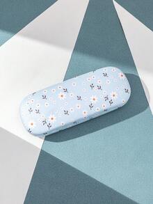 1pc Light Blue Floral Compact Eyeglasses Case - White Flower - 204 - View 1