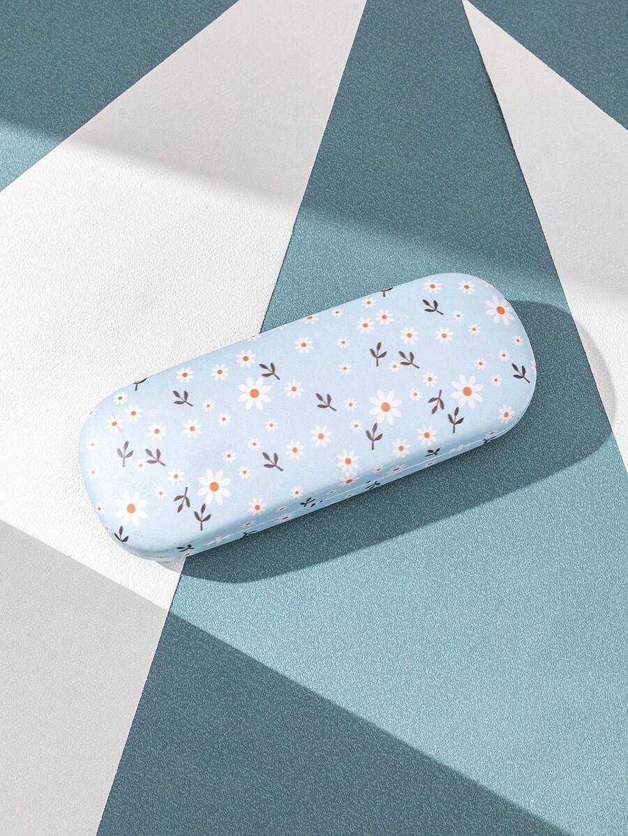 1pc Light Blue Floral Compact Eyeglasses Case - White Flower - 204 - View 1