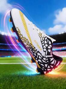All-Season Football/Soccer Shoes, For Teenagers, Campus Students, Sports, Football Training, Football Match, Long Studs Anti-Slip (Asymmetrical Camouflage Pattern On Shoe Upper, Asymmetrical Tongue) - White - View 5