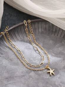 Nooxian 2件套时尚沙滩度假格子手链，回形针链条设计，搭配精致海星吊坠，双层女士手链套装 - 金黃色 - 查看 9